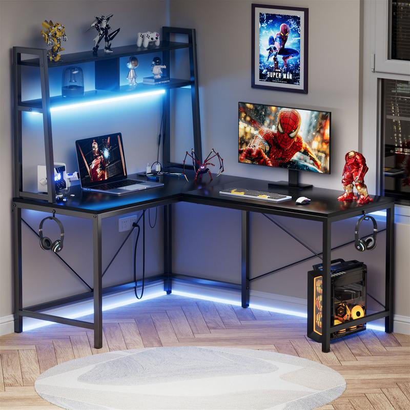 Flycity L-Shaped Gaming Desk or One-Line Table with LED Lights & Power Outlets,And Storage Shelves - 93.3 Inch Computer Desk, for Gaming Room, Study, Living Room Modern Furniture Home Office