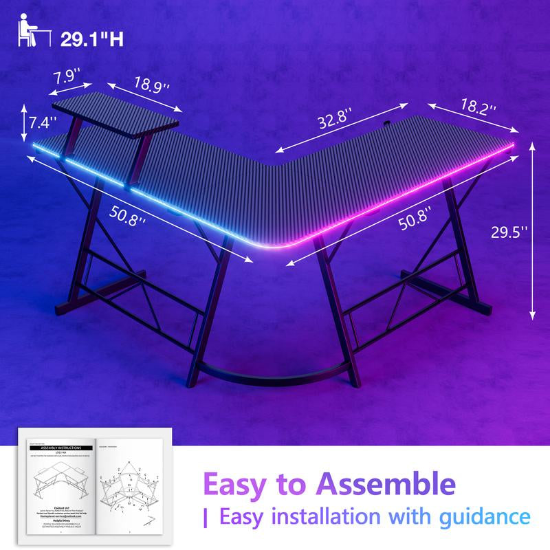 Mr IRONSTONE L Shaped Gaming Desk with Led Lights Corner Computer Desk,L Shaped Desk with Carbon Fiber Surface, Home Office Desks Writing Workstation with Large Monitor Stand, Easy to Assemble