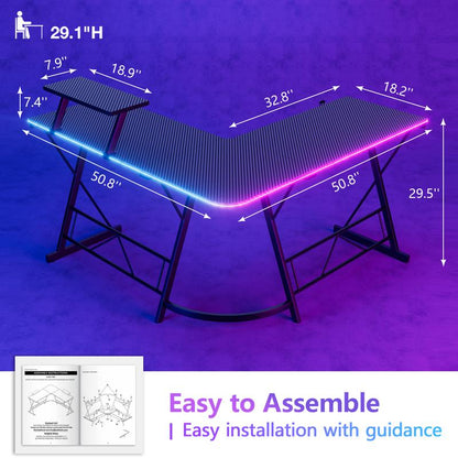 Mr IRONSTONE L Shaped Gaming Desk with Led Lights Corner Computer Desk,L Shaped Desk with Carbon Fiber Surface, Home Office Desks Writing Workstation with Large Monitor Stand, Easy to Assemble