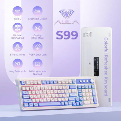 AULA S99 Key Keyboard, Tri-Mode Bluetooth/2.4Ghz/Usb-C Cute Creamy Gaming Keyboard with Number Pad RGB Backlit, Media Knob Custom Mechanical Feel Computer Keyboard for MAC Xbox PC Gamer - Purple