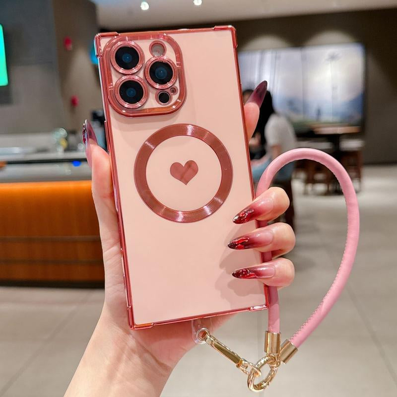 Right Angle Anti-Drop Magnetic Suction Solid Color Electroplated Side Heart + Hand Strap Compatible with Ip16 Pro Max 15 14 13 12 Phones Cases Protector Cover Protective