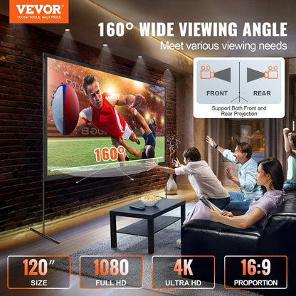 VEVOR Projector Screen with Stand, 120 Inch 16:9 4K 1080 HD Outdoor Movie Screen with Stand, Wrinkle-Free Projection Screen with Bar Feet and Carry Bag, for Home Theater Cinema Backyard Movie Night
