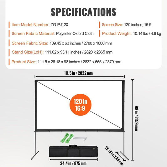 VEVOR Projector Screen with Stand, 120 Inch 16:9 4K 1080 HD Outdoor Movie Screen with Stand, Wrinkle-Free Projection Screen with Bar Feet and Carry Bag, for Home Theater Cinema Backyard Movie Night