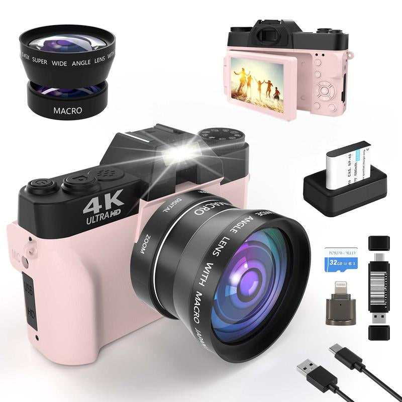4K 56MP Vlogging Camera with 180° Flip Screen, Compact Camera with 16X Digital Zoom, 32GB TF Card, 1 Battery (Black)