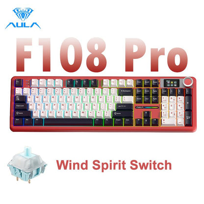 [New]Aula F108 Pro & F108 Full Size Wireless Mechanical Gaming Keyboard with Knob Smart Screen Num Pad Tri-Mode RGB Backlit Hot Swappable Customize Keyboard E-Sports Office Computer PC Accessories(F108Pro Red) Outdoorfun