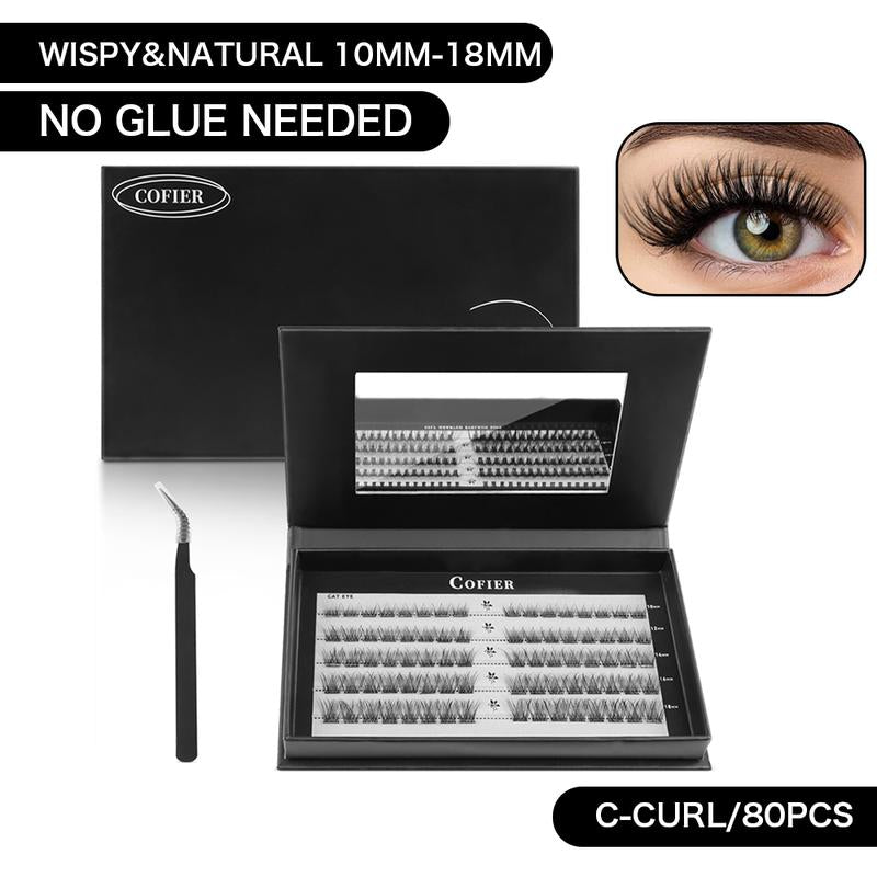 【Hot Style】Cofier No Glue Lash Kit Medical Jelly Adhesive Self Adhesive Individual Eyelashes, Easy Makeup Application with Tweezers (80/100/160 Pcs)