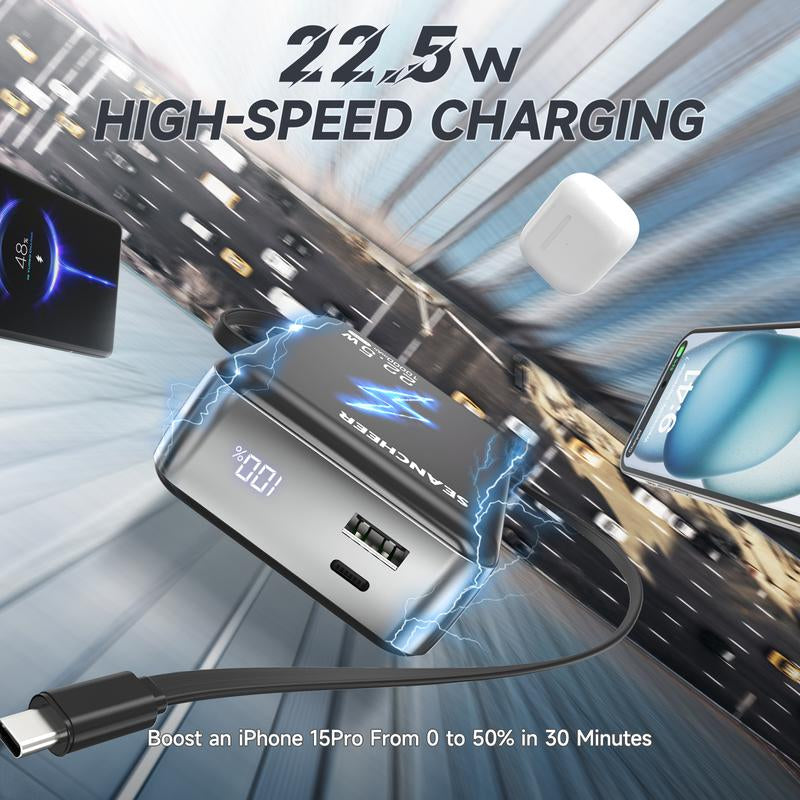 7L Small Portable Charger,10000Mah Power Bank with Built-In 22.5W Fast Charging Retractable USB-C Cable for Iphone 16/15 Series, Samsung, Android and More Travel