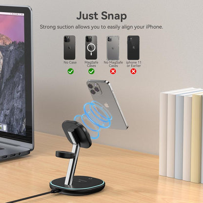 Energycell Qi2 3 in 1 Wireless Charging Station, Certified 15W Fast Wireless Charger for Iphone 16/15/15 Pro/14/13/12, Apple Watch, Airpods, Magnetic Charger for Iphone with Sleep Friendly Light