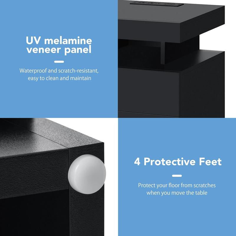 Black LED Nightstand with Charging Station 2 Outlets USB Port Type C, Bed Side Table with 2 Drawers & Wireless Charging Station, Smart LED Nightstand Modern High Gloss Night Table with Light