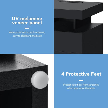 Black LED Nightstand with Charging Station 2 Outlets USB Port Type C, Bed Side Table with 2 Drawers & Wireless Charging Station, Smart LED Nightstand Modern High Gloss Night Table with Light