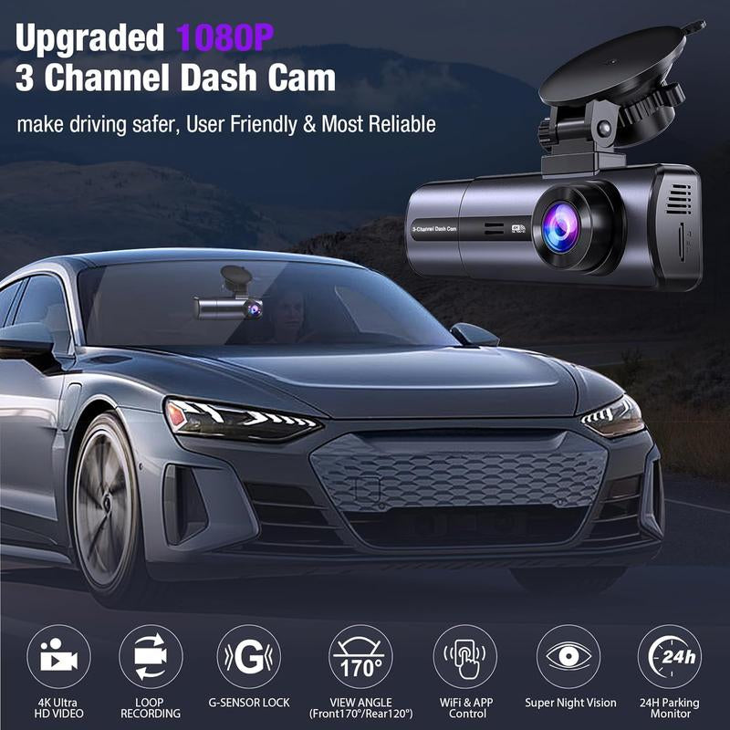 4K 3 Channel Wifi Dash Cam, 4K/2.5K+1080P+1080P Front inside and Rear, Triple Dash Camera with 64GB Card, APP Control, G-Sensor, Loop Recording, 24 Hours Parking Mode,Night Vision