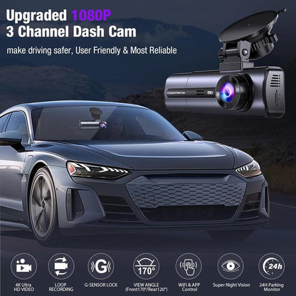4K 3 Channel Wifi Dash Cam, 4K/2.5K+1080P+1080P Front inside and Rear, Triple Dash Camera with 64GB Card, APP Control, G-Sensor, Loop Recording, 24 Hours Parking Mode,Night Vision
