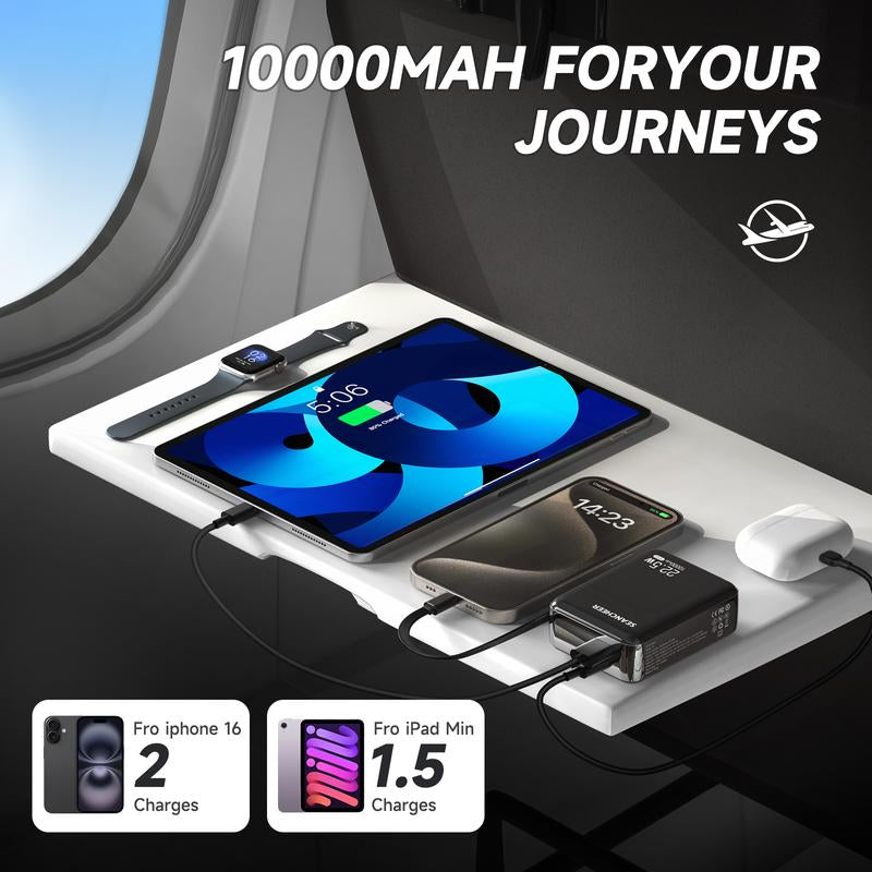 7L Small Portable Charger,10000Mah Power Bank with Built-In 22.5W Fast Charging Retractable USB-C Cable for Iphone 16/15 Series, Samsung, Android and More Travel