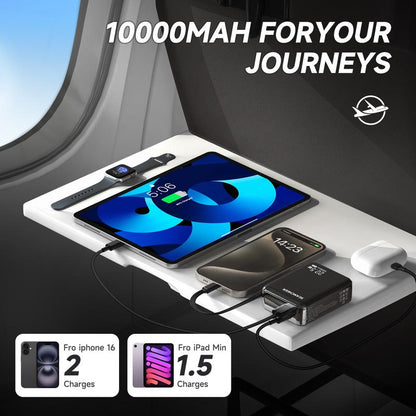 7L Small Portable Charger,10000Mah Power Bank with Built-In 22.5W Fast Charging Retractable USB-C Cable for Iphone 16/15 Series, Samsung, Android and More Travel