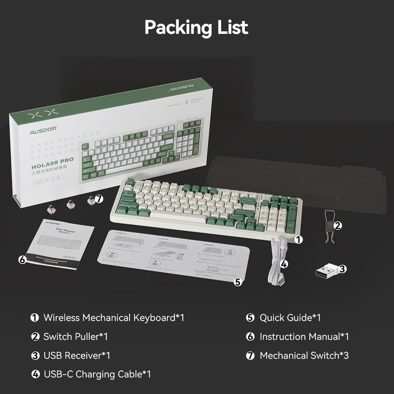 AUSDOM 98Pro Silent Mechanical Keyboard,Wireless Hot Swappable Gaming Keyboard with Backlit,Gasket Structure,Pre-Lubed Tactile Switches,2.4Ghz/Type-C/Bluetooth Custom Keyboard