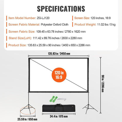 VEVOR Projector Screen with Stand, 120 Inch 16:9 4K 1080 HD Outdoor Movie Screen with Stand, Wrinkle-Free Projection Screen with Bar Feet and Carry Bag, for Home Theater Cinema Backyard Movie Night