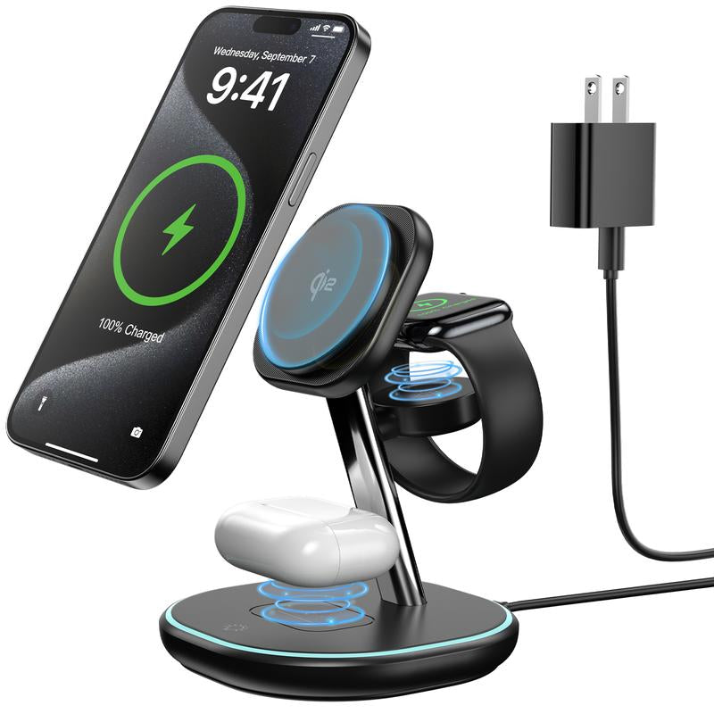 Energycell Qi2 3 in 1 Wireless Charging Station, Certified 15W Fast Wireless Charger for Iphone 16/15/15 Pro/14/13/12, Apple Watch, Airpods, Magnetic Charger for Iphone with Sleep Friendly Light