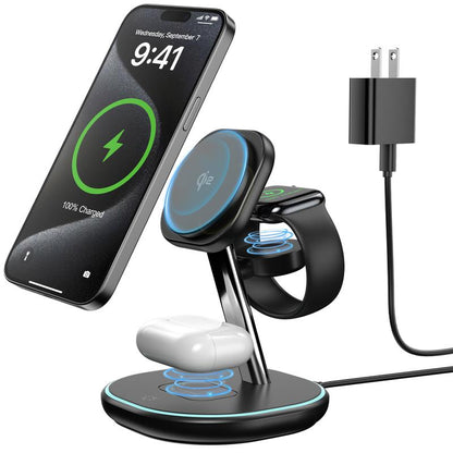 Energycell Qi2 3 in 1 Wireless Charging Station, Certified 15W Fast Wireless Charger for Iphone 16/15/15 Pro/14/13/12, Apple Watch, Airpods, Magnetic Charger for Iphone with Sleep Friendly Light