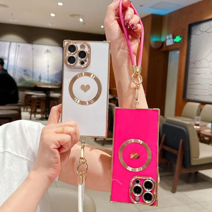 Right Angle Anti-Drop Magnetic Suction Solid Color Electroplated Side Heart + Hand Strap Compatible with Ip16 Pro Max 15 14 13 12 Phones Cases Protector Cover Protective