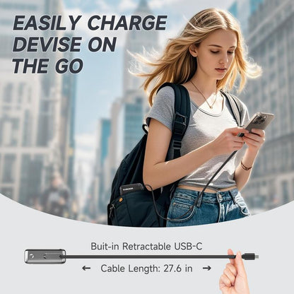 7L Small Portable Charger,10000Mah Power Bank with Built-In 22.5W Fast Charging Retractable USB-C Cable for Iphone 16/15 Series, Samsung, Android and More Travel