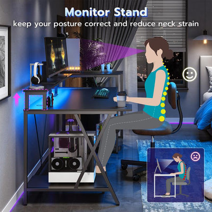 Sedeta Gaming Table 70.8 In. with LED Lights and Storage Shelf Computer Table with Monitor Stand, Power Outlet and Cup Holder Ergonomic Table