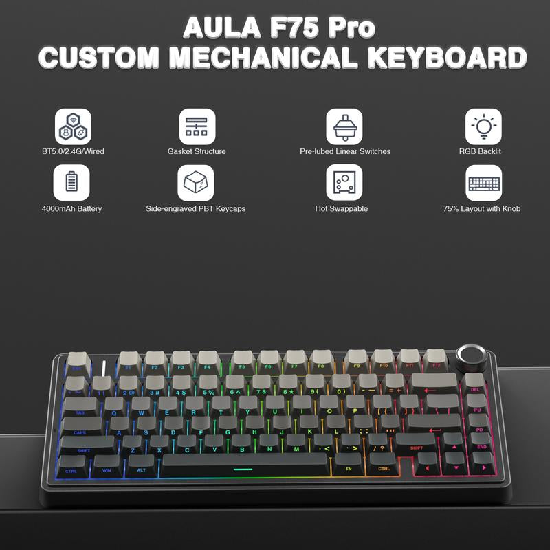 AULA F75 Pro Wireless Mechanical Gaming Keyboard RGB Rainbow Backlit Tri-Mode 2.4G USB-C Bluetooth Hot Swappable Gaming Keyboard for Gamers Gaming PC Accessories Gasket Custom Creamy Keyboard
