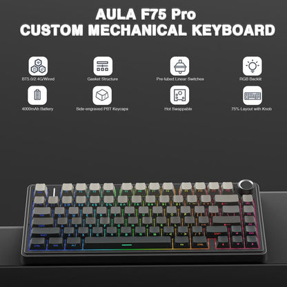 AULA F75 Pro Wireless Mechanical Gaming Keyboard RGB Rainbow Backlit Tri-Mode 2.4G USB-C Bluetooth Hot Swappable Gaming Keyboard for Gamers Gaming PC Accessories Gasket Custom Creamy Keyboard