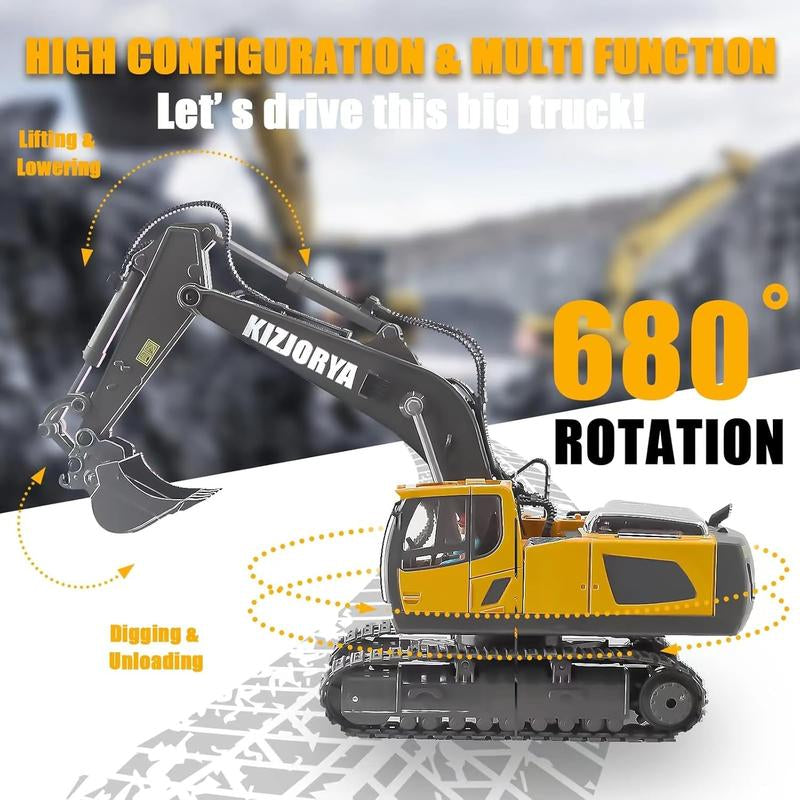 Remote Control Excavator Toys for Boys Turns 680-Degree 2 Batteries Metal Shovel Lights/Sounds Construction Toys Birthday Gifts Boy Toys for 3 4 5 6 7 8 Years Old