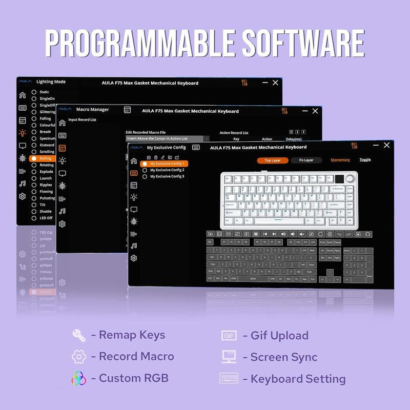 Aula F75 MAX Wireless Mechanical Keyboard with TFT Screen and Knob, Gasket Keyboard in 75% Layout, Hot Swappable Gaming Keyboard for Pc/Mac/Linux
