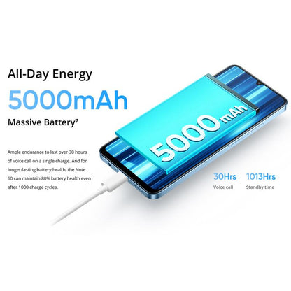 6GB+128GB Smartphone Realme Note 60, Brand New and Original Smartphone, T612, 8-Core CPU, 1.8Ghz Clock Speed, 4G Network, 6.745-Inch Punch-Hole Display, 1600×720 Resolution, 32MP + 5MP AI Camera, 5000Mah Battery, 10W Fast Charging.