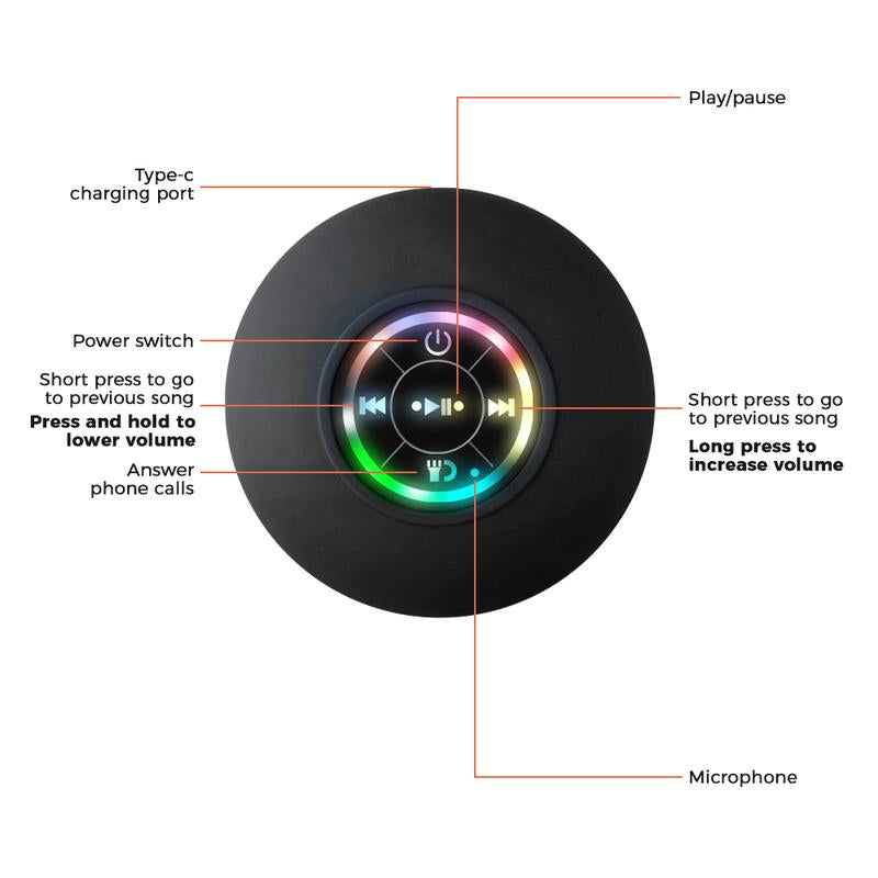 Waterproof Bluetooth Speaker with Suction Cup & LED Lights, 360° Bass Sound | Wireless Shower Speaker for Bath/Beach/Camping | Built-In Mic & Bluetooth 5.4 | Perfect Gift for Men/Women/Kids (Black)