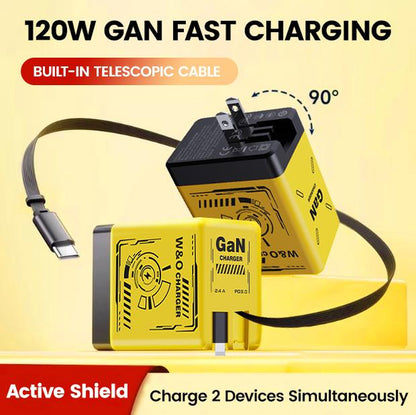 W&O 2-In-1 Gan 120W Fast Charger with Retractable Type-C and Ligtning Cable | Portable Adapter for Iphone 16, Ipad, Macbook, Multi-Device Fast Charging, Folding Charing