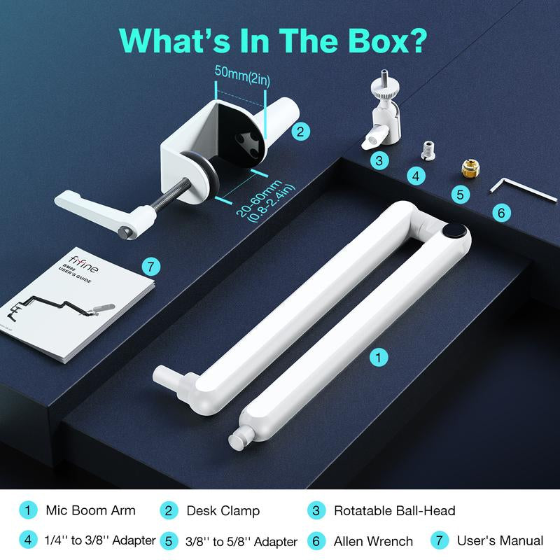 FIFINE Low Profile Podcast Microphone Stand, BM88W Gaming Mic Boom Arm with Desk Mount, Cable Channels Management, Adjustable Metal Boom Arm White for Recording/Streaming/Gaming/Home Office