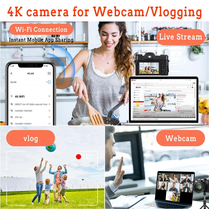 4K 56MP Vlogging Camera with 180° Flip Screen, Compact Camera with 16X Digital Zoom, 32GB TF Card, 1 Battery (Black)