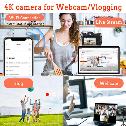4K 56MP Vlogging Camera with 180° Flip Screen, Compact Camera with 16X Digital Zoom, 32GB TF Card, 1 Battery (Black)