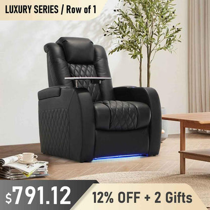 Weilianda Home Theater Seating Luxury Series Top Grain Nappa Leather Recliner Chair Dual Power Movie Gaming Sofa Electric Headrest with Tray Table Type-C USB Charge Cup Holders