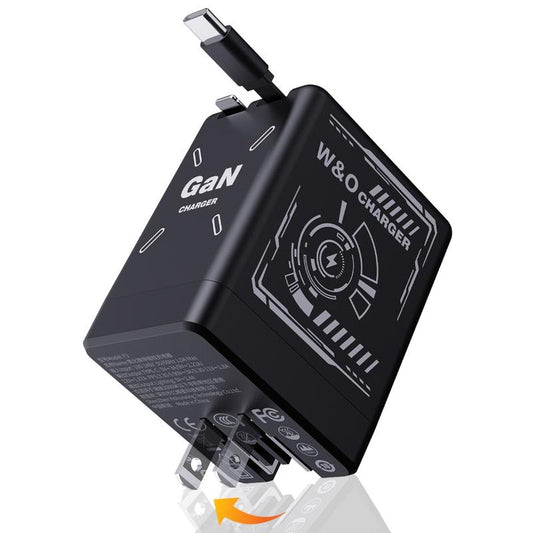 W&O 2-In-1 Gan 120W Fast Charger with Retractable Type-C and Ligtning Cable | Portable Adapter for Iphone 16, Ipad, Macbook, Multi-Device Fast Charging, Folding Charing