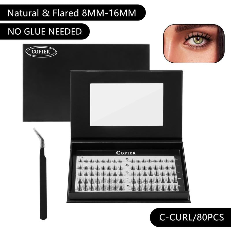 【Hot Style】Cofier No Glue Lash Kit Medical Jelly Adhesive Self Adhesive Individual Eyelashes, Easy Makeup Application with Tweezers (80/100/160 Pcs)