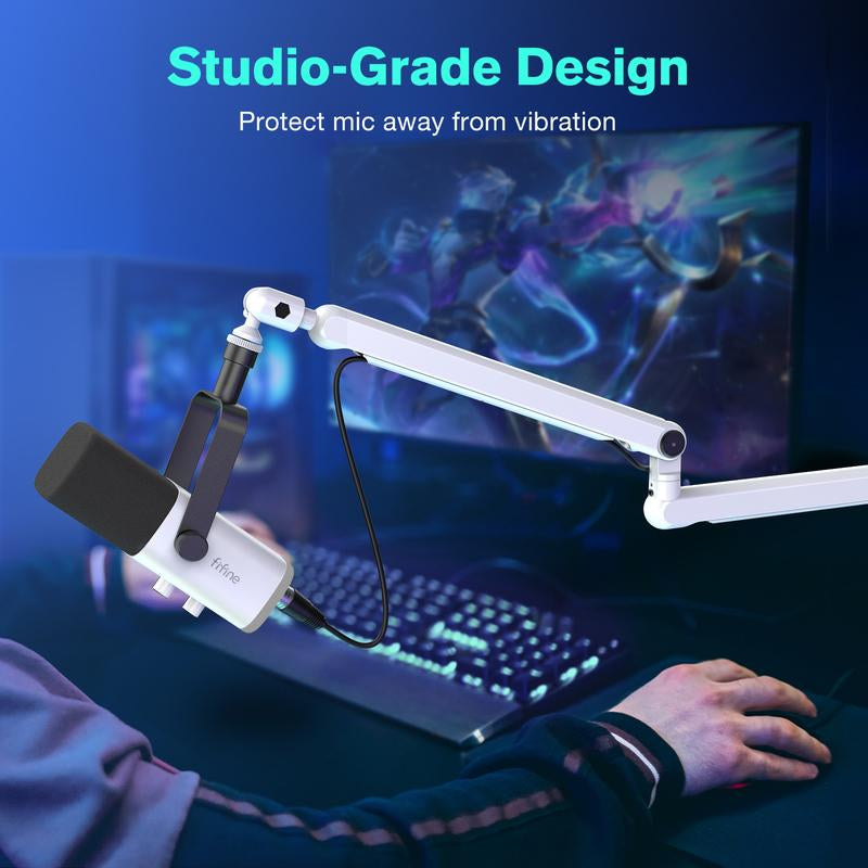 FIFINE Low Profile Podcast Microphone Stand, BM88W Gaming Mic Boom Arm with Desk Mount, Cable Channels Management, Adjustable Metal Boom Arm White for Recording/Streaming/Gaming/Home Office
