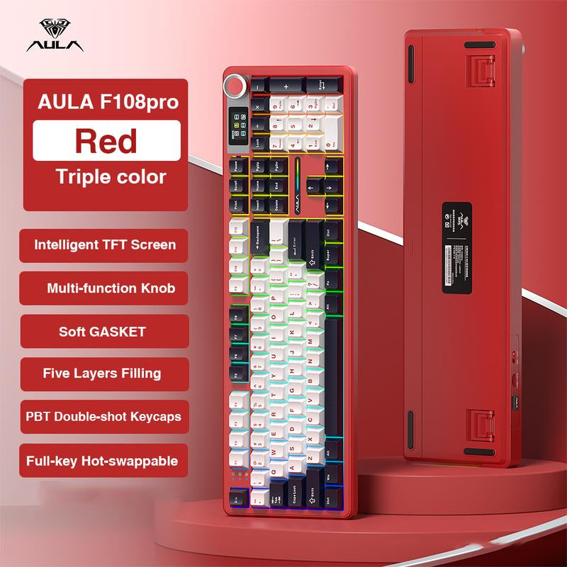 [New]Aula F108 Pro & F108 Full Size Wireless Mechanical Gaming Keyboard with Knob Smart Screen Num Pad Tri-Mode RGB Backlit Hot Swappable Customize Keyboard E-Sports Office Computer PC Accessories(F108Pro Red) Outdoorfun