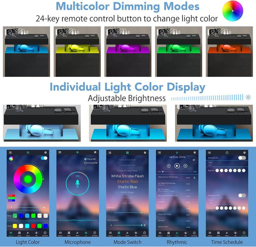 Black LED Nightstand with Charging Station 2 Outlets USB Port Type C, Bed Side Table with 2 Drawers & Wireless Charging Station, Smart LED Nightstand Modern High Gloss Night Table with Light