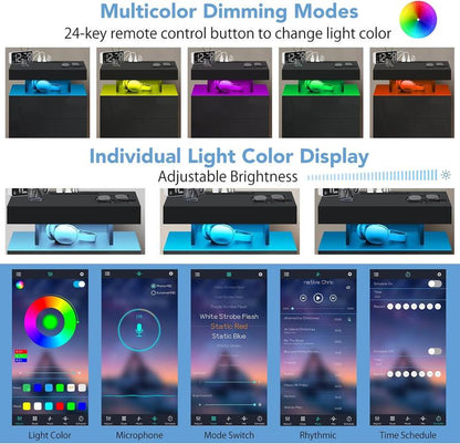 Black LED Nightstand with Charging Station 2 Outlets USB Port Type C, Bed Side Table with 2 Drawers & Wireless Charging Station, Smart LED Nightstand Modern High Gloss Night Table with Light