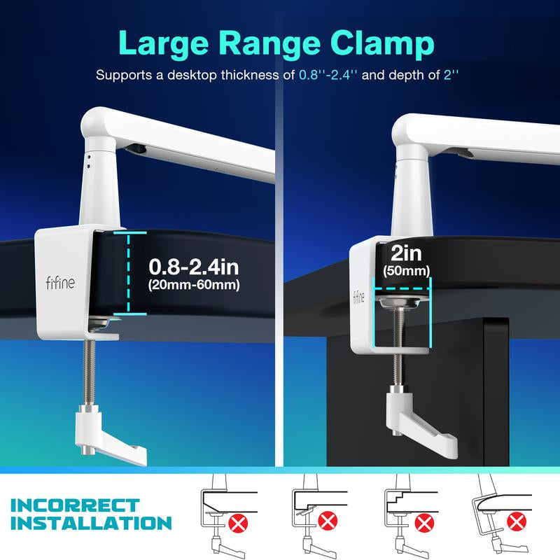 FIFINE Low Profile Podcast Microphone Stand, BM88W Gaming Mic Boom Arm with Desk Mount, Cable Channels Management, Adjustable Metal Boom Arm White for Recording/Streaming/Gaming/Home Office