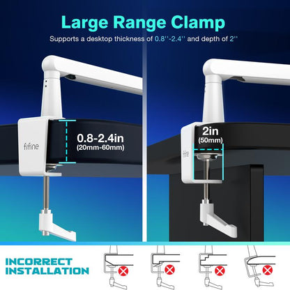 FIFINE Low Profile Podcast Microphone Stand, BM88W Gaming Mic Boom Arm with Desk Mount, Cable Channels Management, Adjustable Metal Boom Arm White for Recording/Streaming/Gaming/Home Office