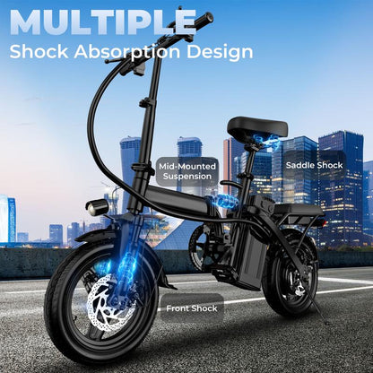 Terrosor Ebikes for Adults, 400W Motor 22MPH Max Speed, 14” Tire, 48V 15AH Removable Battery for Electric Bike, Multi-Shock Absorption, City Commuter, Foldable Adult Electric Bicycles Bici Urbana Rechargeable Motorcycle