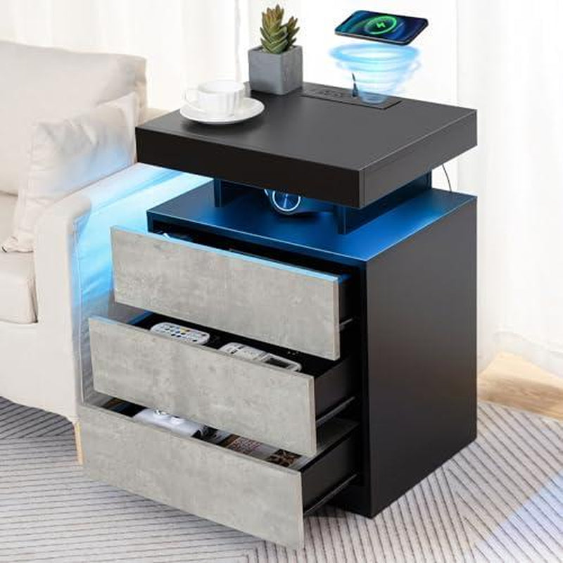 Black LED Nightstand with Charging Station 2 Outlets USB Port Type C, Bed Side Table with 2 Drawers & Wireless Charging Station, Smart LED Nightstand Modern High Gloss Night Table with Light
