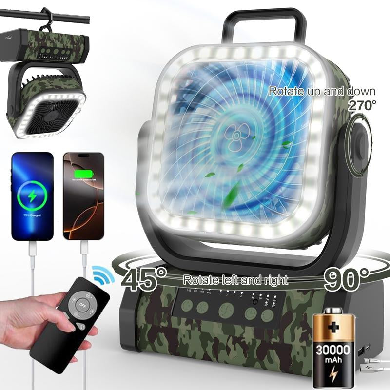 30,000Mah Rechargeable Camping Fan with LED Light, Portable Multi-Functional Fan, 4-Speed Wind Speed Adjustment, Remote Control, 270° Wind Direction Adjustment, Suitable for Indoor, Outdoor, Tent, Travel, Etc.