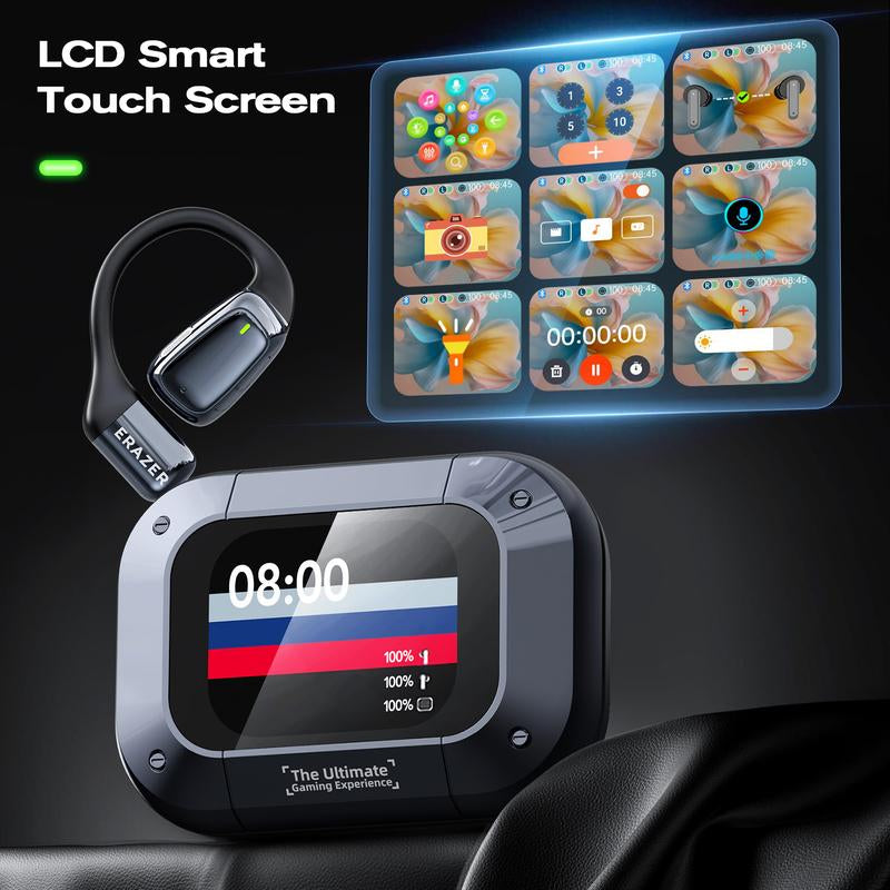 ERAZER XT82PRO Wireless Earbuds, Open-Ear Headphones, LED Lights Touchscreen, Ergonomic Ear Hooks, Ultra-Comfort, Snug Fit, Hifi Bass Stereo, Clear Calls, 30H Playtime, Bluetooth 5.4 Earbuds, Multipoint Connection, Electronic, Audio Headset