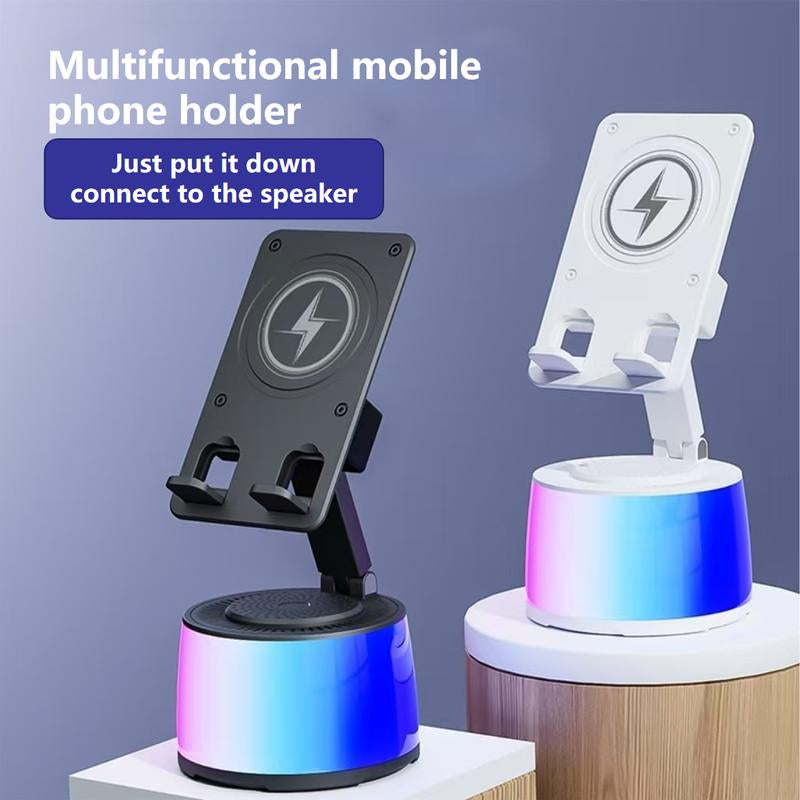 Wireless Induction Audio Bluetooth Speaker 5In1 Cellphone Holder USB Emergency Rechargeable (5000Mah) 360° Rotable Foldable Lift-Non-Slip Base, Portable Power Mobile Tablet Stand with Colorful Ambient Light Gifts for Friend, Family