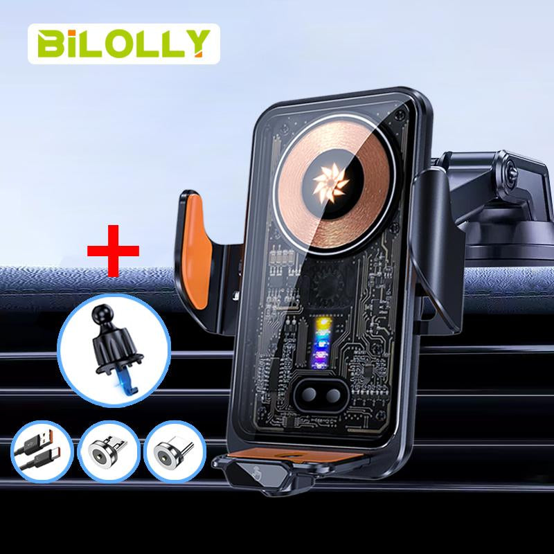 Bilolly Wireless Car Charger, 15W Fast Charging Auto-Clamping Car Charger Phone Holder Phone Holder Suitable for Iphone 16 15 14 13 12 Pro Max 11 XR XS, Samsung Galaxy S24 Ultra S23 S22 S21, S20, S10+, and Other Smartphones. Clip Plug